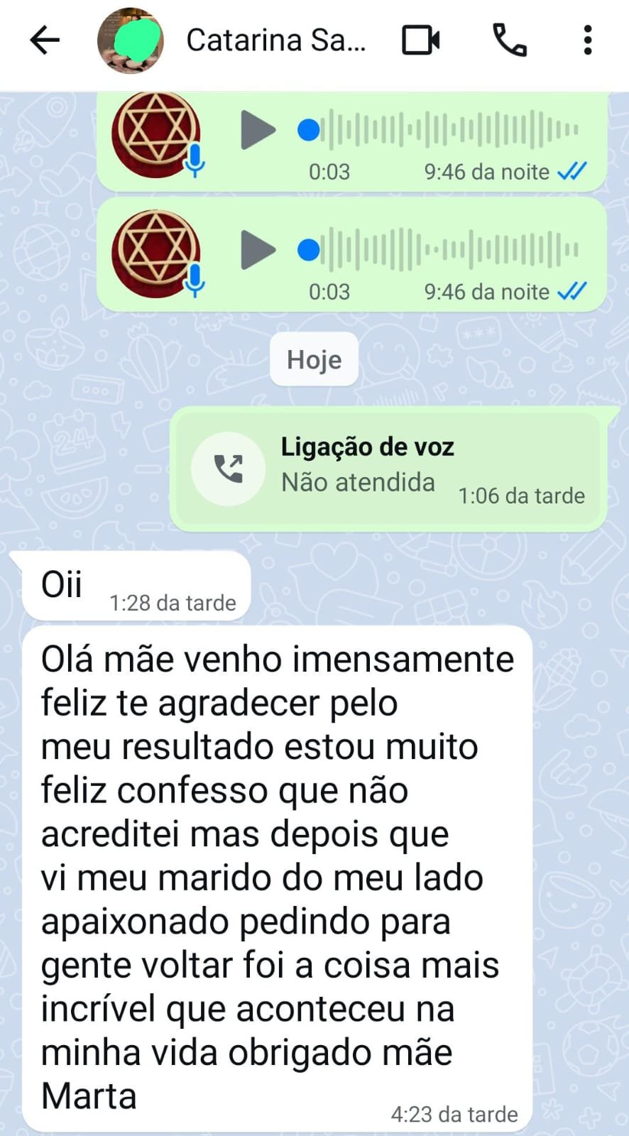 Mensagem de agradecimento de uma cliente à Mãe Marta.