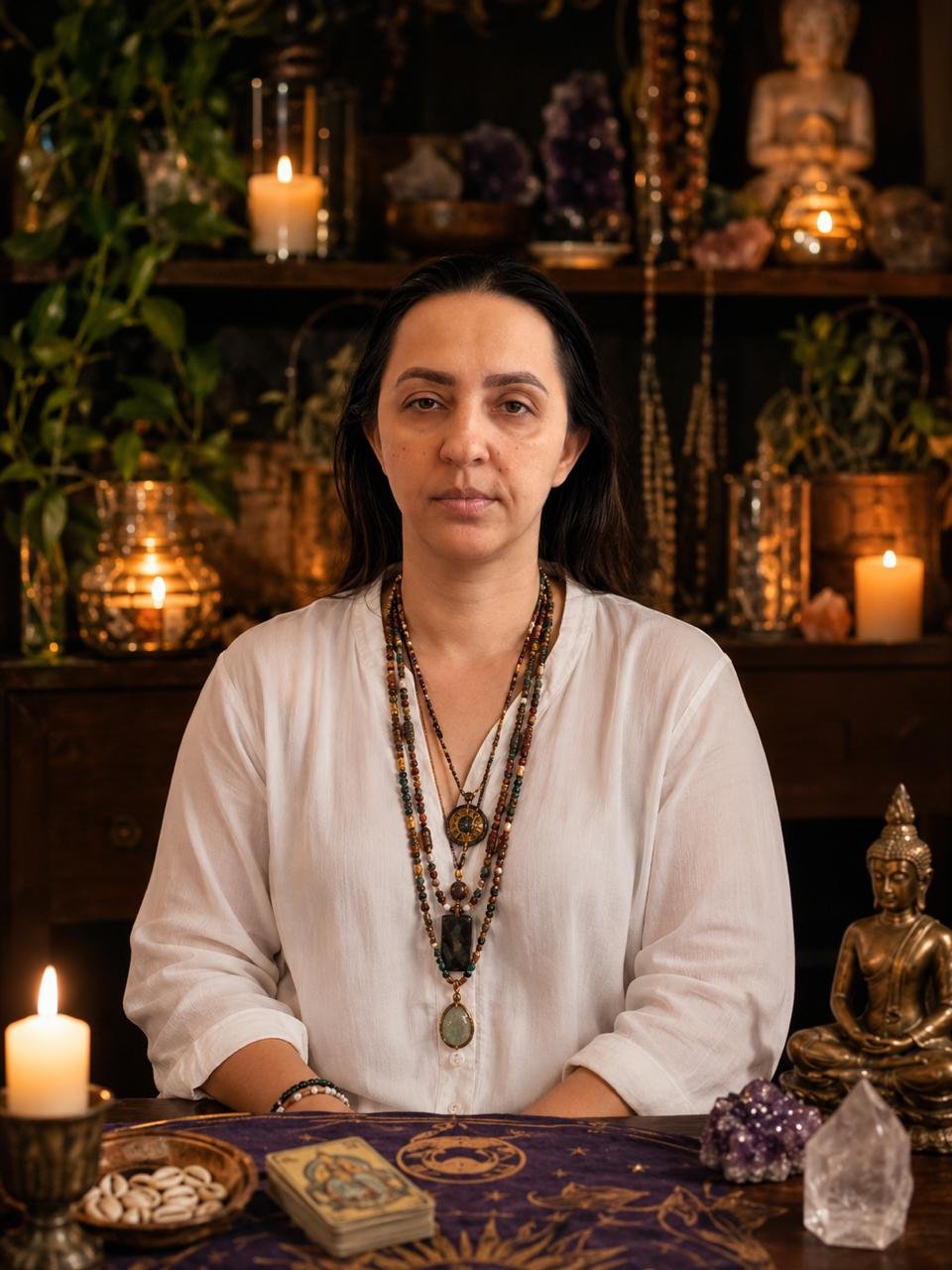 Mãe Marta, astróloga e taróloga, realizando uma consulta espiritual com búzios e tarô à luz de velas.